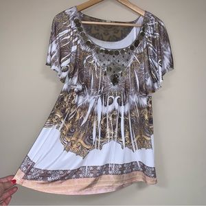 🆕 White Tan Bohemian Art Print Women’s XL Embellished Short Sleeve Blouse Top